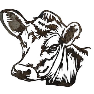 May include: Black and white silhouette of a cow's head with a rustic, textured background.