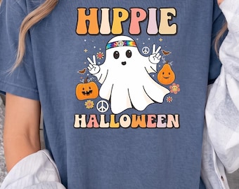 Hippie Halloween Shirt, Peace Sign Ghost Graphic Tee, Retro Groovy Spooky Season T-Shirt, Cute 70s Boho Fall Pumpkin Tees, Halloween Gift