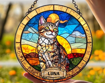 Personalized Cat Memorial Stained Glass, Loss of Pet Sympathy Gift, Cat With Name Suncatcher, Cat Suncatcher, Custom Pet Image Gift, LossCat