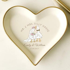Silly Goose Bride & Groom Ring Dish, Funny Ceramic Ring Holder, Wedding Ring Tray, Heart or Round Dish, Bridal Gift, Jewelry Holder Gift