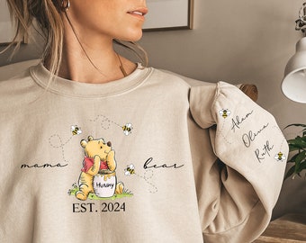 Personalized Mama Bear Winnie The Pooh Comfort colors Sweatshirt Mama Est with Kid Name on Sleeve, Personalized Mom Sweatshirt, Gift for tee