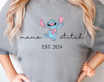 Custom Mama Stitch Comfort colors Shirt, Disney Mama Est 2024 Sweatshirt, Personalized New Mom T-Shirt, Mothers Day Gift, Disney Lilo stitch