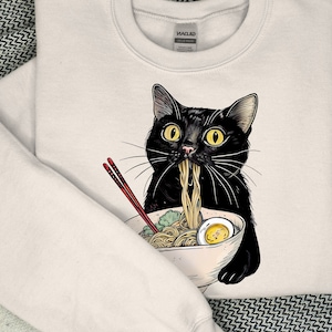 Noodle Cat Shirt, Ramen Cat T-Shirt, Foodie Lover Shirts, Black Cat Noodle T-Shirts, Retro Cat Tees, Cat Lover Sweatshirts, Black Cat Tee