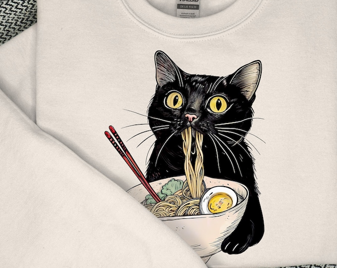 Noodle Cat Shirt, Ramen Cat T-Shirt, Foodie Lover Shirts, Black Cat Noodle T-Shirts, Retro Cat Tees, Cat Lover Sweatshirts, Black Cat Tee