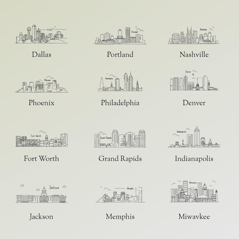 May include: A series of black and white line drawings depicting city skylines, each identified by its city name. Cities featured are Dallas, Portland, Nashville, Phoenix, Philadelphia, Denver, Fort Worth, Grand Rapids, Indianapolis, Jackson, Memphis, and Miwavkee.