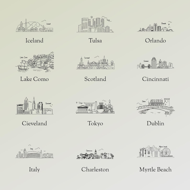May include: A series of black and white line drawings depicting city skylines, each with the city's name beneath. Cities featured are Iceland, Tulsa, Orlando, Lake Como, Scotland, Cincinnati, Cleveland, Tokyo, Dublin, Italy, Charleston, and Myrtle Beach.