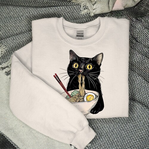Noodle Cat Shirt, Ramen Cat T-Shirt, Foodie Lover Shirts, Black Cat Noodle T-Shirts, Retro Cat Tees, Cat Lover Sweatshirts, Black Cat Tee