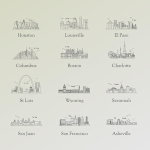 May include: A series of black and white line drawings depicting city skylines, each accompanied by the city's name. Cities featured are Houston, Louisville, El Paso, Columbus, Boston, Charlotte, St. Louis, Wyoming, Savannah, San Juan, San Francisco, and Asheville.