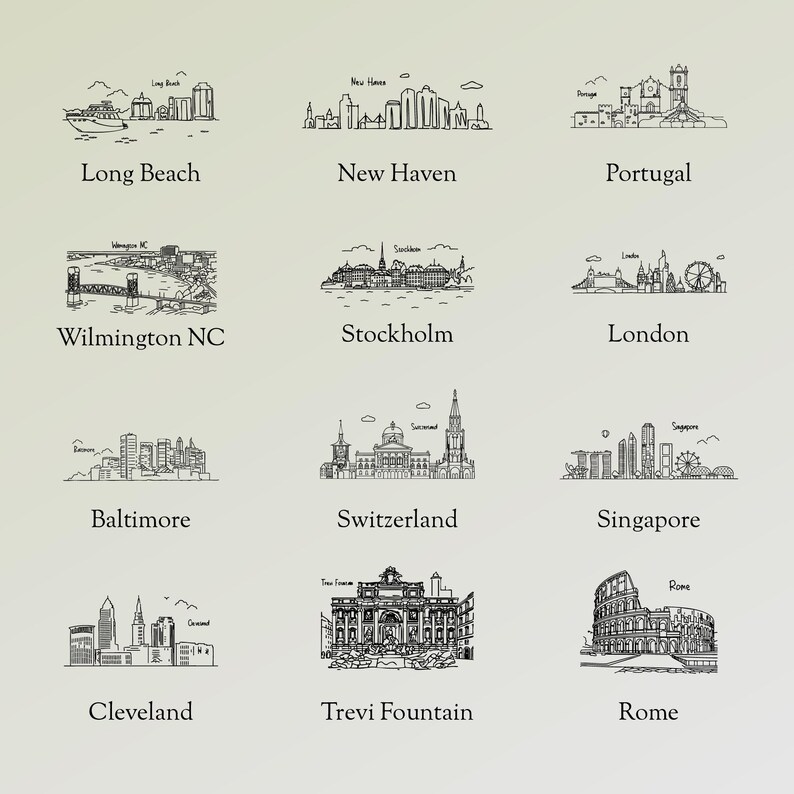May include: A series of black and white line drawings depicting city skylines, such as Long Beach, New Haven, Portugal, Wilmington NC, Stockholm, London, Baltimore, Switzerland, Singapore, Cleveland, Trevi Fountain, and Rome. Each is labelled.