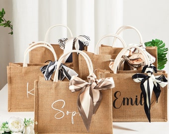 Bolsas personalizadas para damas de honor con pañuelo, bolsas de tela de yute, bolsas de playa, bolsas de regalo para damas de honor, bolsas para despedida de soltera, bolsas para fiesta prenupcial