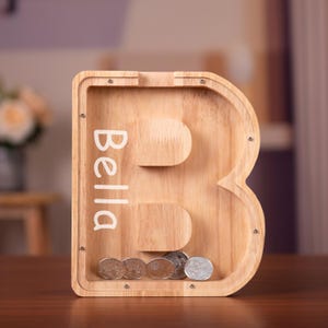 Hucha de madera con inicial personalizada y nombre para niños y niñas, hucha con nombre personalizado, decoración para guardería, regalo de cumpleaños y Navidad para niños
