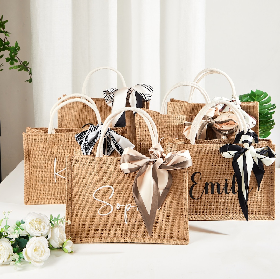Personalized Bridesmaid Bags With Scarf, Burlap Tote Bags, Beach Bag ...