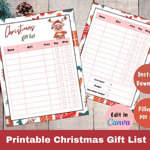 Weihnachtsgeschenkliste| Bearbeitbar in Canva Holiday Gift Tracker | Druckbare Weihnachtseinkaufsliste| Geschenkliste Vorlage | Geschenk Budget Tracker
