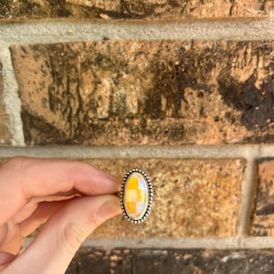 Aurora opal checkered ring