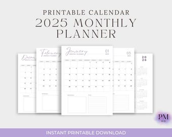 2025 Calendar, digital planner, 2025 Monthly Planner, minimal Monthly Calendar, A4 Letter A5 Size, Wall Calendar, PRINTABLE PDF, digital