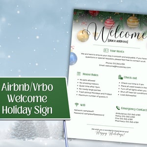 Urlaub Willkommensschild für Airbnb-Gastgeber, druckbare Ferienwohnung, Frohe Weihnachten-Willkommensplakat, bearbeitbares Vrbo, Regeln, Wifi, Canva-Vorlage