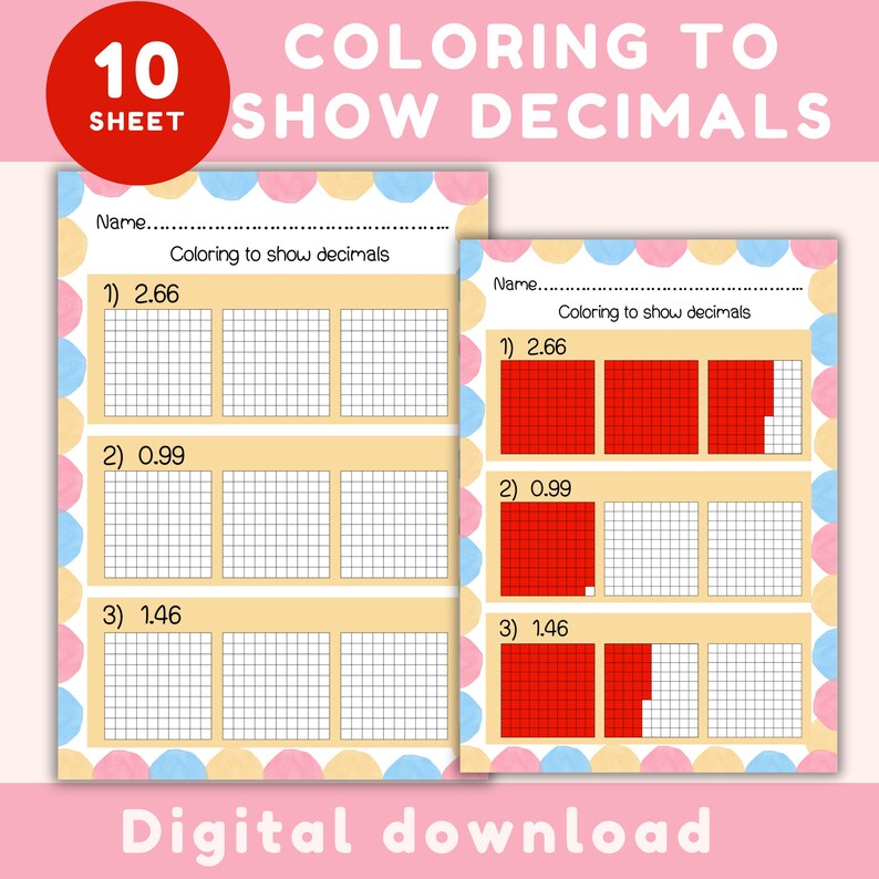 Compare Decimal With Image, Color to Show Decimal Worksheet - Etsy