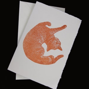 Carte imprimée à la main chat roux, impression lino, linogravure, carte de voeux, intérieur vierge