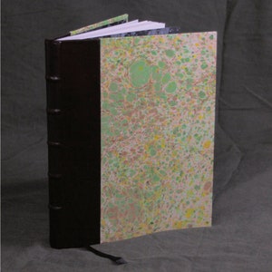 Handmade Hardcover Journal, Diary, Sketchbook, Leather Spine, Plain Paper, Handmade Marbling,