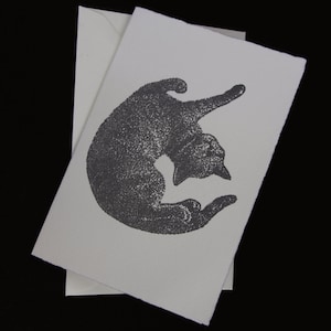 Tarjeta impresa a mano de gato gris, Impresión en linóleo, Linograbado, Tarjeta de felicitación, Interior en blanco