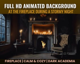 Dark Academia Fireplace Animated Background, Cozy Stormy Night (MP4)