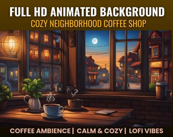 居心地の良い近所のコーヒーショップのアニメーションデスクトップ背景ビデオ、Vtuber、Lofi、カフェ、Zoom 背景、Twitch、ストリーミング、ライブ壁紙用