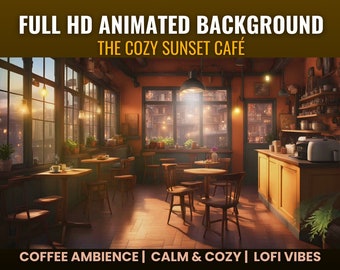 居心地の良いサンセットカフェのアニメーションデスクトップ背景、ローファイアンビエンス（MP4）