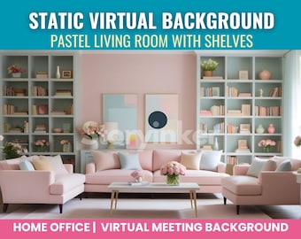 Pastel Living Room with Shelves Static Virtual Background for Zoom, Skype, Microsoft Teams, Google Meet and Other Virtual Meetings