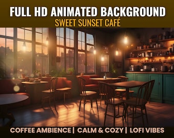 Arrière-plan animé Sunset Cafe, ambiance lofi chaleureuse (téléchargement numérique)