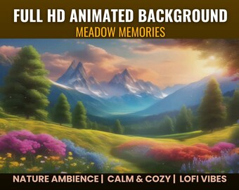 May include: Animated background video featuring a meadow with colourful flowers, trees, and mountains in the distance. The sky is a vibrant orange and pink with clouds. The text "FULL HD ANIMATED BACKGROUND MEADOW MEMORIES" is at the top of the image. The text "NATURE AMBIENCE | CALM & COZY | LOFI VIBES" is at the bottom of the image. The text "1920 x 1080 | MP4 | 30 SECONDS | 30 FPS | LOOPABLE" is below the text "NATURE AMBIENCE | CALM & COZY | LOFI VIBES". The text "ANIMATED CLOUDS, TREES, FLOWERS, DUST AND SUNLIGHT" is at the very bottom of the image.