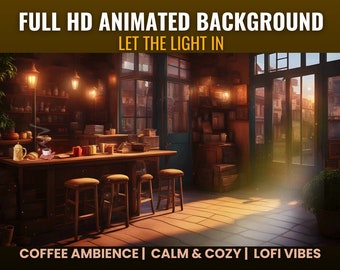 アニメーション付きコーヒーショップ背景、居心地の良いローファイな雰囲気（MP4デジタルダウンロード）