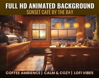 Arrière-plan animé Sunset Cafe, ambiance lofi chaleureuse (téléchargement numérique)
