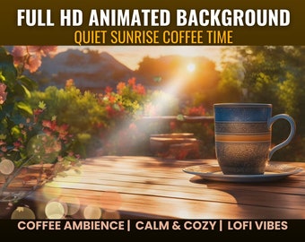 静かな日の出とコーヒーのアニメーション背景、居心地の良いローファイデスクトップ壁紙（デジタルダウンロード）