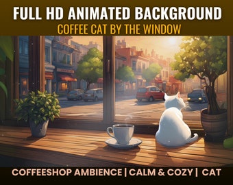 Coffee Cat by the Window Animated Desktop Background Videos for Vtuber, Lofi, Cozy Ambience, Cafe, Zoom, Twitch, Streaming, Live Wallpaper
