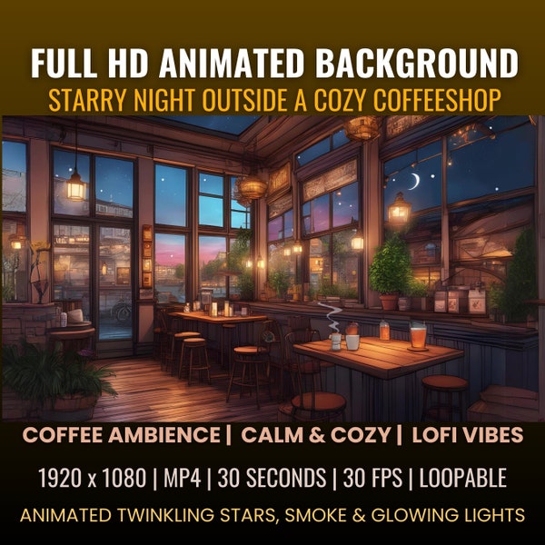 Coffee Shop One Starry Night Animated Background Videos for Vtuber, Lofi Videos, Cozy Ambience, Cafe, Reels, Stories, Streaming, Wallpapers