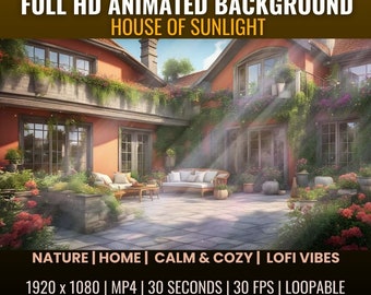 Könnte beinhalten: Eine digitale Animation eines Hauses mit einer Terrasse und üppigem Grün. Sonnenlicht strömt durch die Bäume und beleuchtet die Terrassenmöbel. Die Animation ist 1920 x 1080 Pixel groß, 30 Sekunden lang und hat 30 Bilder pro Sekunde. Sie ist in einer Schleife abspielbar und zeigt animiertes Sonnenlicht und vom Wind verwehte Partikel.