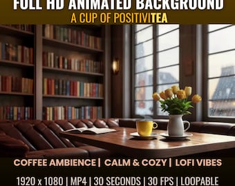 Sfondo animato Cozy Library Cafe: atmosfera lo-fi (sfondo del desktop)