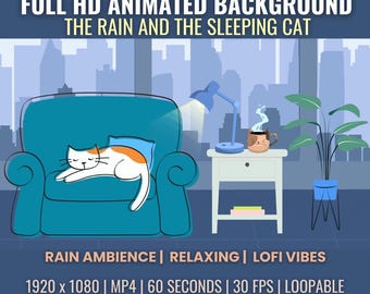 Rain & the Sleeping Cat Cute Animated Desktop Background Video for Vtuber, Lofi, Cafe, Zoom Background, Twitch, Streaming, Live Wallpaper