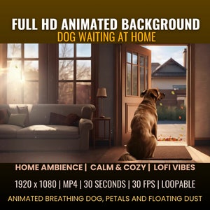 以下が含まれることがあります： 茶色の犬が開いたドアのそばに座って、落ち葉のある庭を見ている。犬はソファとランプのあるリビングルームにいる。画像のテキストは「FULL HD ANIMATED BACKGROUND DOG WAITING AT HOME HOME AMBIENCE | CALM & COZY | LOFI VIBES 1920 x 1080 | MP4 | 30 SECONDS | 30 FPS | LOOPABLE ANIMATED BREATHING DOG, PETALS AND FLOATING DUST」です。