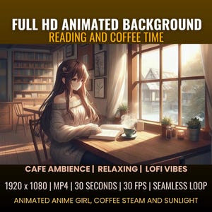 Puede incluir: Un fondo animado con una joven leyendo un libro en un café. La escena incluye una ventana con luz solar entrando, una taza de café con vapor subiendo y estanterías de libros en el fondo. El texto "FULL HD ANIMATED BACKGROUND READING AND COFFEE TIME" se muestra en la parte superior de la imagen. El texto "CAFE AMBIENCE | RELAXING | LOFI VIBES" se muestra debajo de la mujer. El texto "1920 x 1080 | MP4 | 30 SECONDS | 30 FPS | SEAMLESS LOOP" se muestra debajo del texto "CAFE AMBIENCE | RELAXING | LOFI VIBES". El texto "ANIMATED ANIME GIRL, COFFEE STEAM AND SUNLIGHT" se muestra en la parte inferior de la imagen.