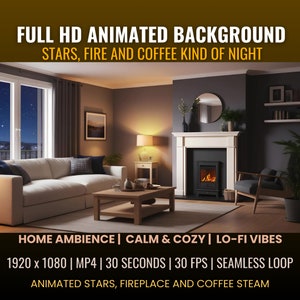 Puede incluir: Una sala de estar con una chimenea, un sofá blanco, una mesa de café y una ventana con estrellas visibles en la noche. El texto "FULL HD ANIMATED BACKGROUND STARS, FIRE AND COFFEE KIND OF NIGHT" está en la parte superior de la imagen. El texto "HOME AMBIENCE | CALM & COZY | LO-FI VIBES" está en la parte inferior de la imagen. El texto "1920 x 1080 | MP4 | 30 SECONDS | 30 FPS | SEAMLESS LOOP" está debajo del texto "HOME AMBIENCE | CALM & COZY | LO-FI VIBES". El texto "ANIMATED STARS, FIREPLACE AND COFFEE STEAM" está en la parte inferior de la imagen.