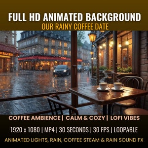 Fondo animado de cafetería lluviosa, ambiente acogedor (descarga digital)
