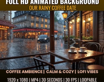 Animerad bakgrund med regnigt kafé, mysig atmosfär (digital nedladdning)