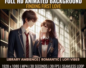 Finding First Love Animated Desktop Background Videos for Vtuber, Lofi, Cozy Library Ambience, Romantic, Reels, Zoom, Twitch, Live Wallpaper