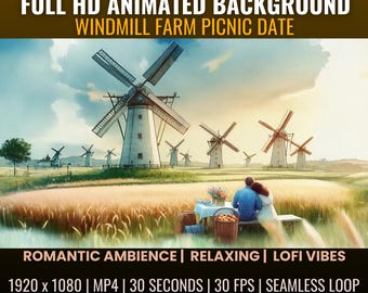 Windmill Farm Picnic Date Animated Desktop Background Videos for Vtuber, Lofi, Cozy, Romantic, Reels, Zoom, Anime, Twitch, Live Wallpaper
