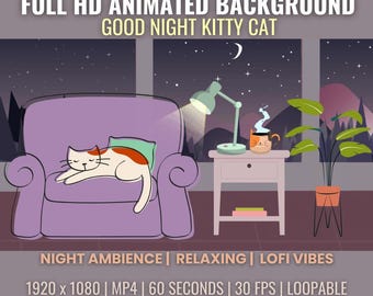 Good Night Kitty Cat Cute Animated Desktop Background Video for Vtuber, Lofi, Cafe, Zoom Background, Twitch, Streaming, Live Wallpaper