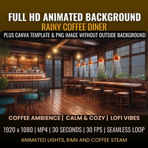 Rainy Coffee Diner Animated Desktop Background Bundle. Canva Template of Animated Window No Background Included. For Vtuber, Lofi, Streaming