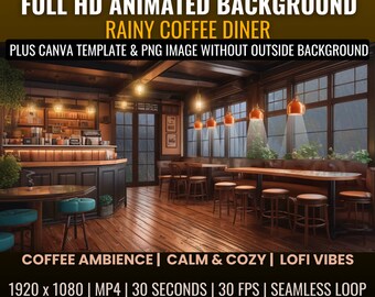 Rainy Coffee Shop Animated Background, Cozy Lofi, Vtuber Streaming (Canva Template)