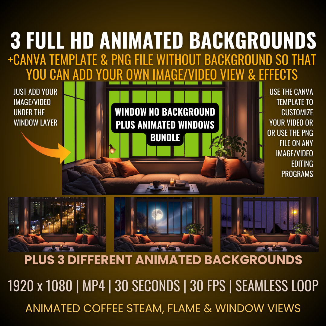 Animated Window Overlay, Canva Template, Lofi Vtuber Backgrounds (Digital Download)
