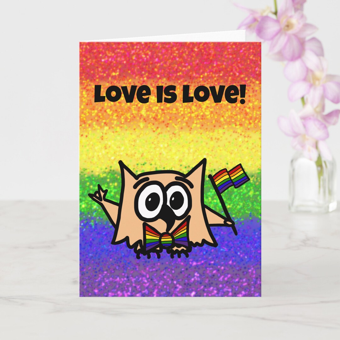 Love is Love Pride Flag Greeting Card on Rainbow Background With Ollie ...